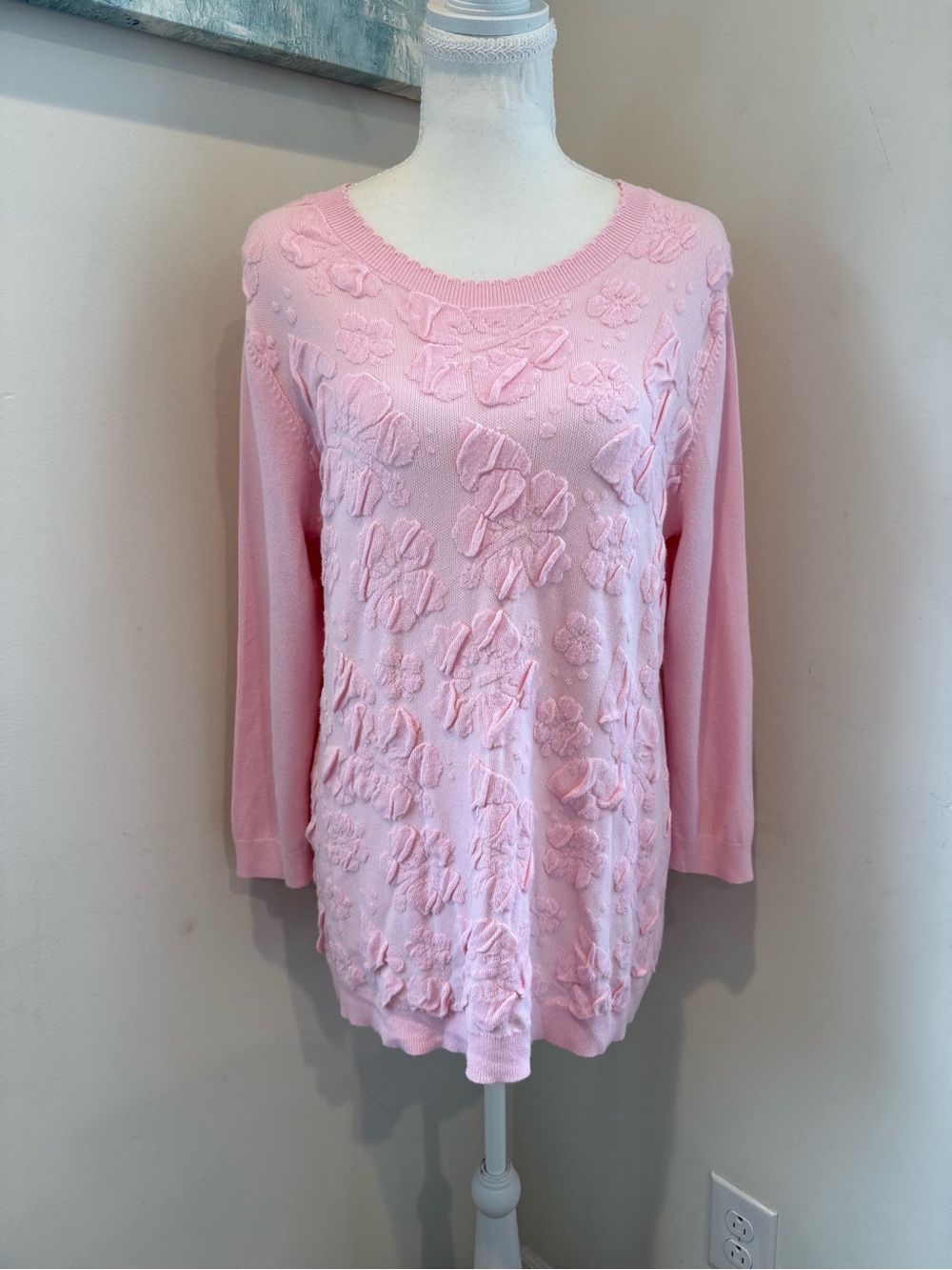 Light Pink Floral Appliqué Scoop Neck Sweater Large Cottagecore Rosettes